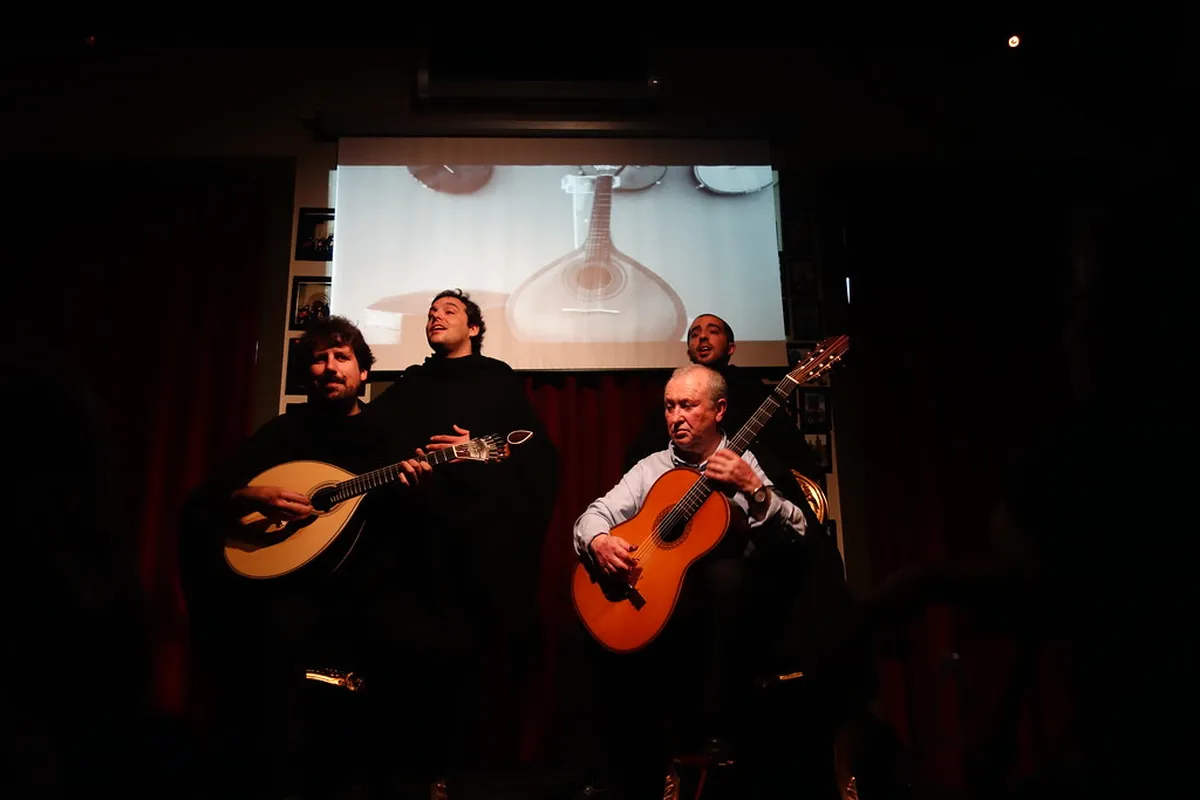 Intimate live Fado show at Fado ao Centro in Coimbra with audience seated in a historic stone hall