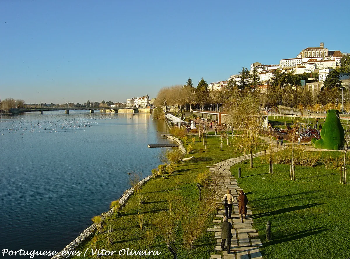 Coimbra riverside park at Parque Verde do Mondego with the historic university skyline reflected in the Mondego River