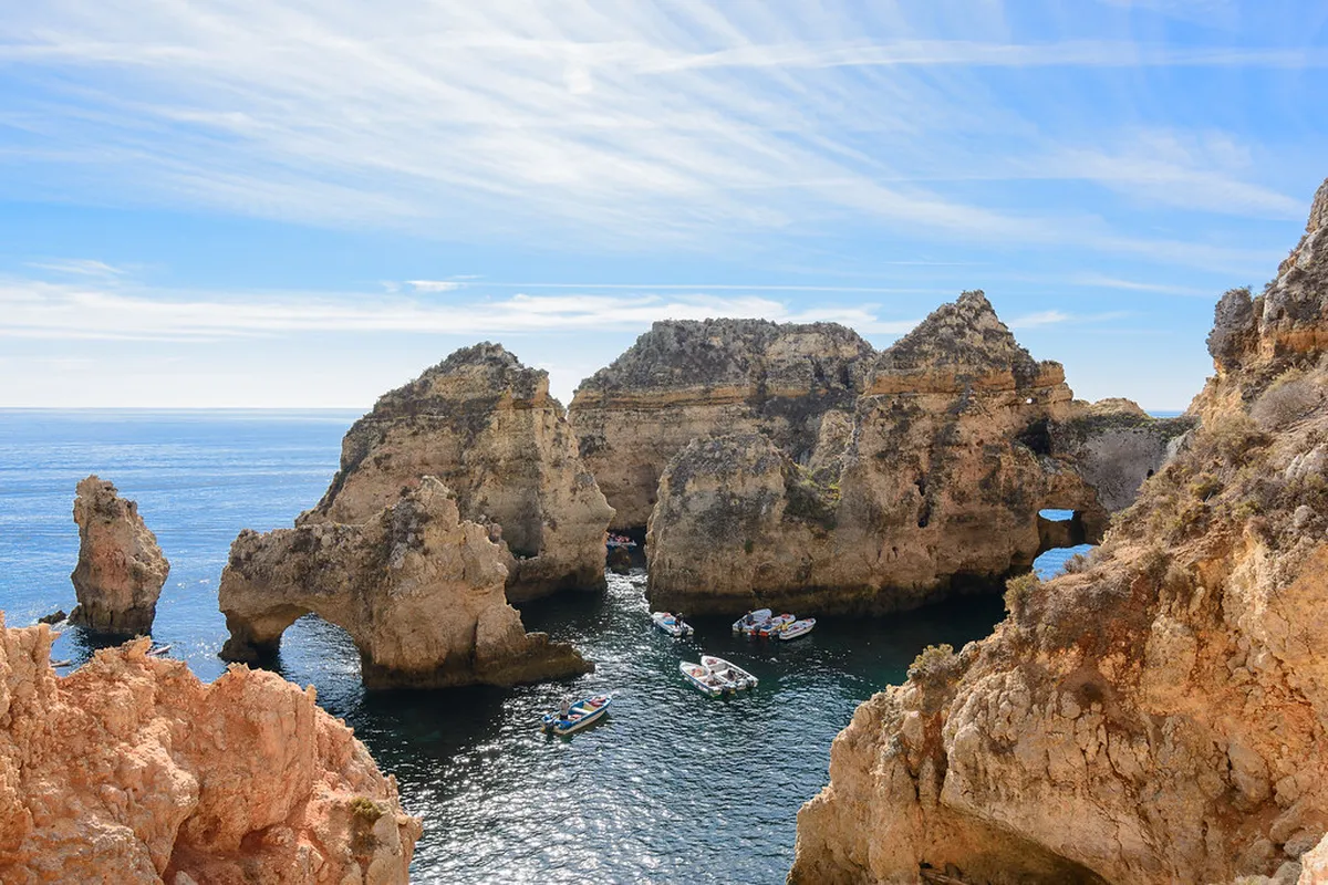 Golden cliffs and turquoise sea at Ponta da Piedade near Faro, one of the Algarve's most dramatic coastal landscapes