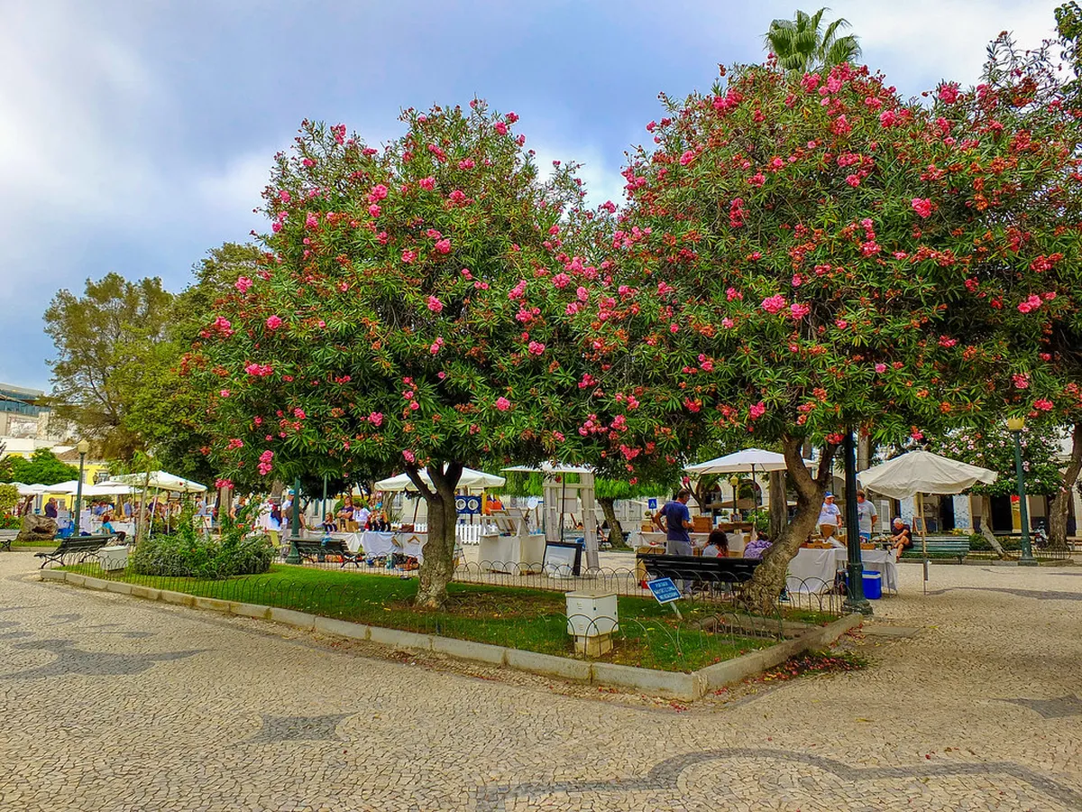 Faro market crafts stall displaying handmade ceramics and cork souvenirs for visitors