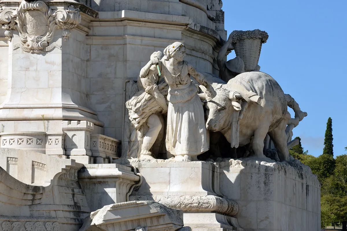 Statue of the Marquis de Pombal on a column overlooking Lisbon, the Enlightenment statesman who directed the city's rebuild