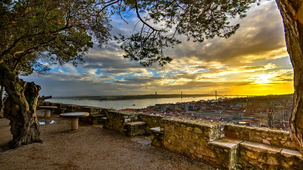 Sunset over the elegant Baixa district of Lisbon, with its wide avenues and historic Pombaline architecture