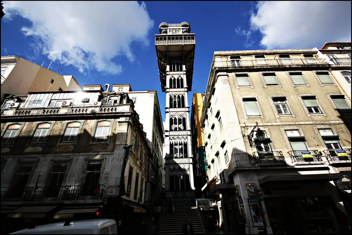Panoramic view of the Chiado district streets in Lisbon with historic buildings and the Santa Justa Lift nearby