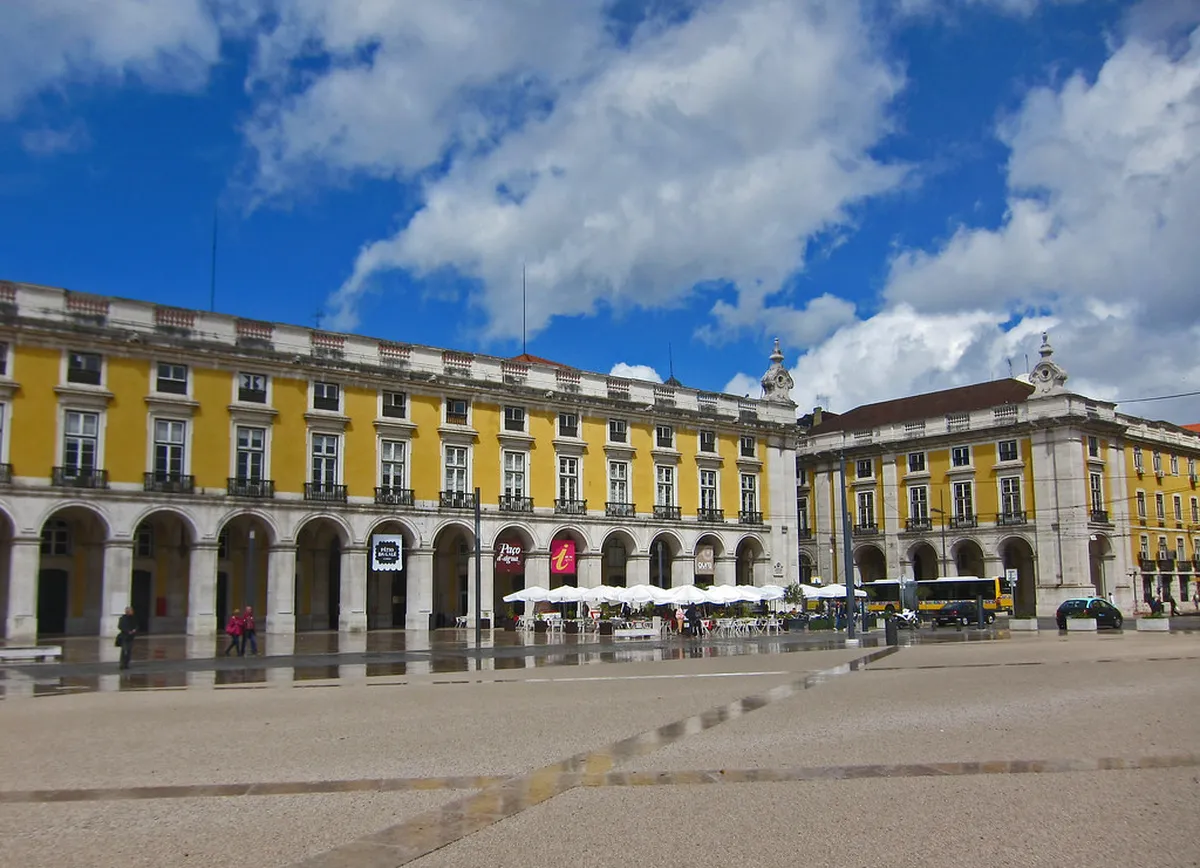 Praça do Comércio square in Lisbon with its equestrian statue and the Tagus River beyond