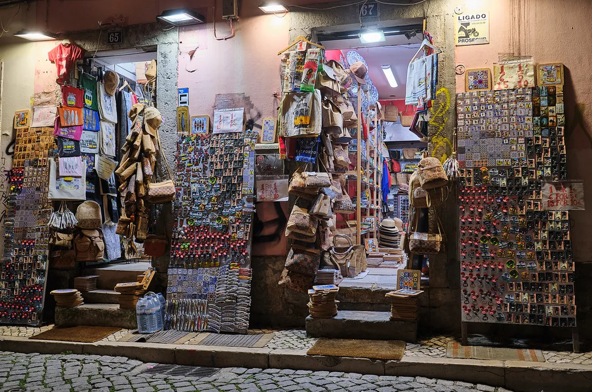Handcrafted cork handbags, wallets and accessories on display at a Lisbon souvenir store