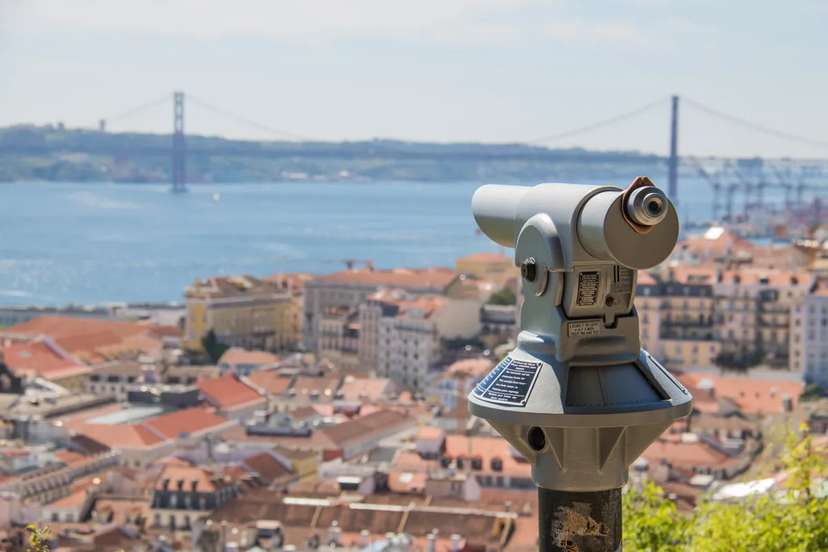 Lisbon cityscape panorama with Castelo de São Jorge crowning the hilltop above the terracotta rooftops