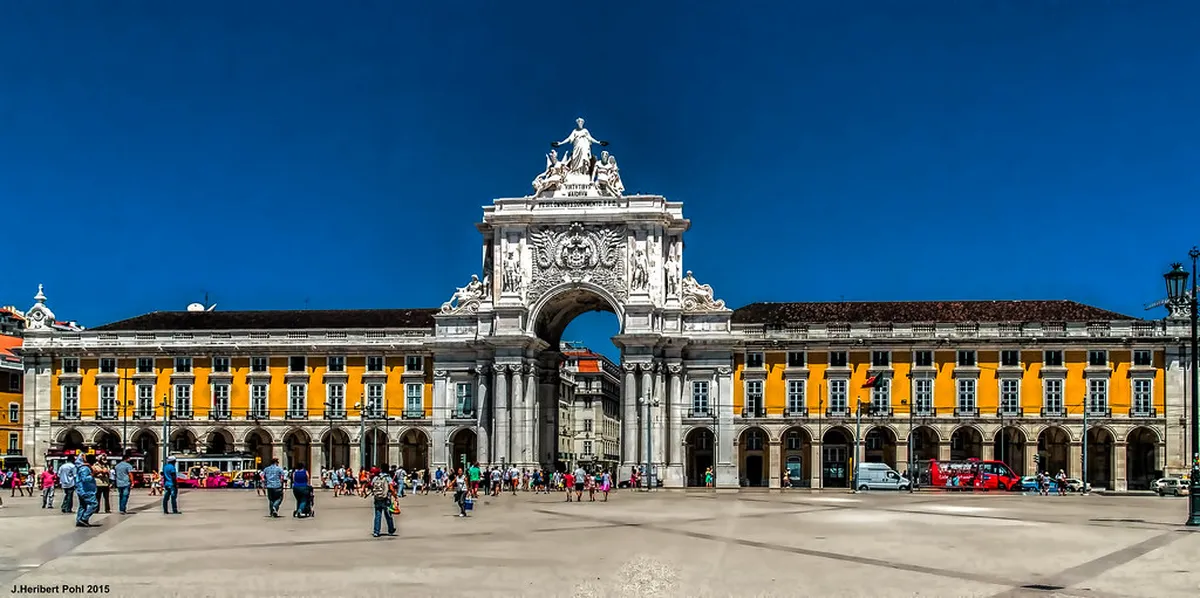 Lisbon Baixa Pombalina uniform yellow facades and wide grid avenues rebuilt after the 1755 earthquake