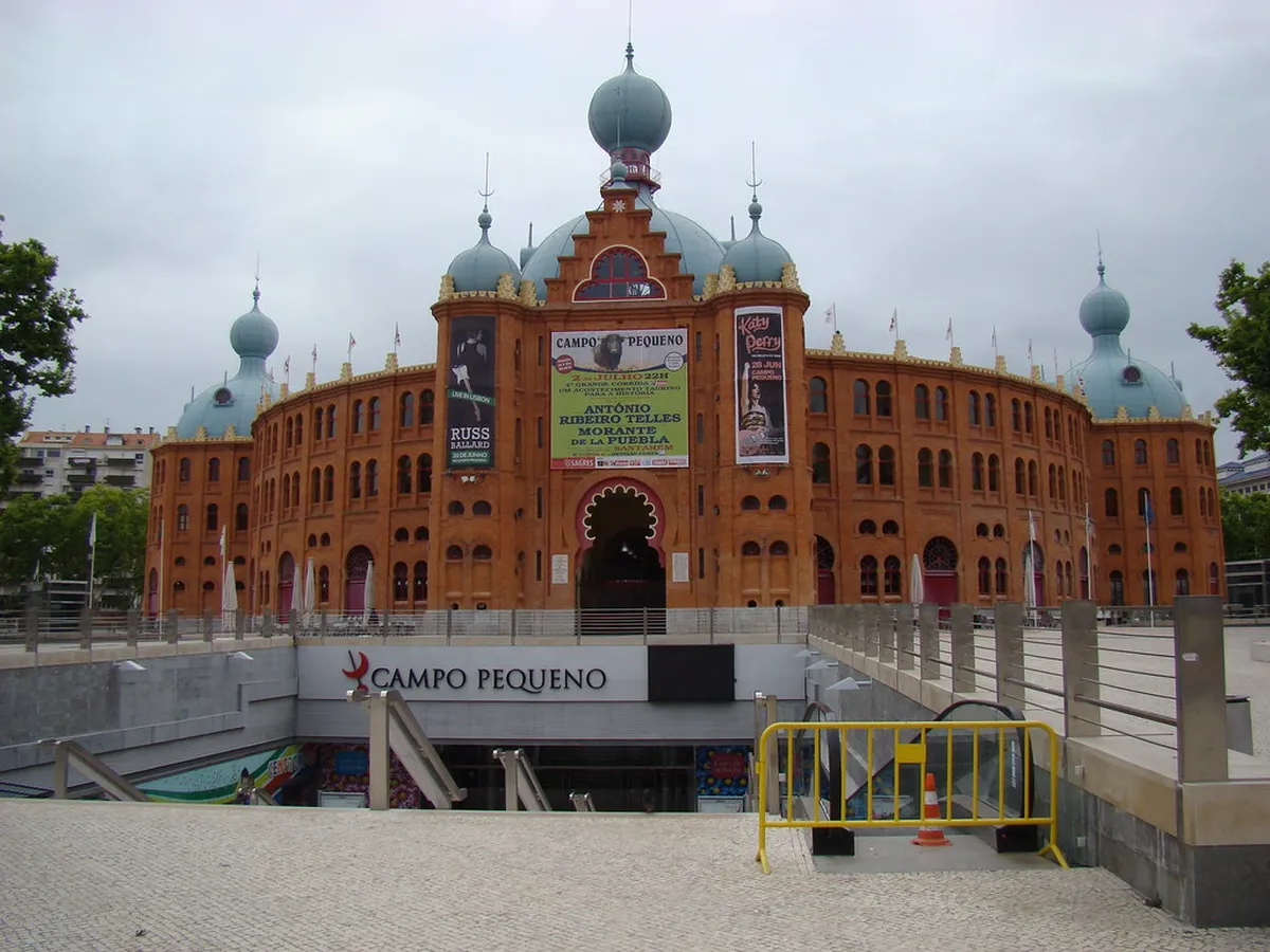 Lisbon Campo Pequeno bullring exterior with its distinctive Moorish Revival red-brick arches and ornate facade
