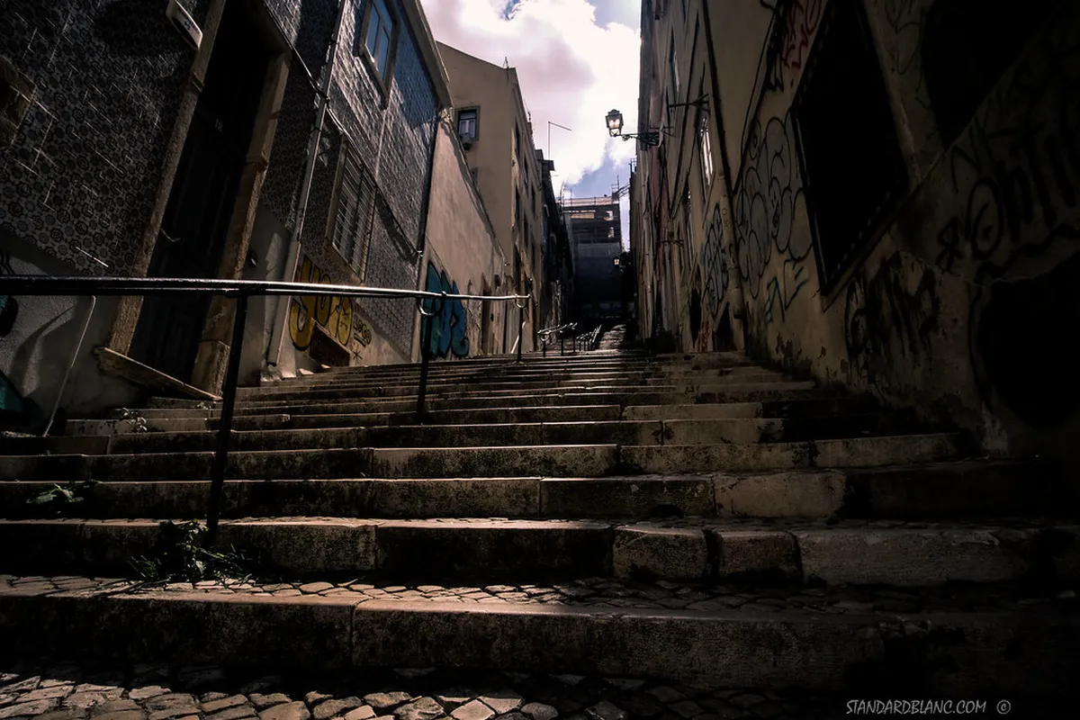 Lisbon Mouraria neighborhood, the historic birthplace of Fado music with traditional tiled buildings and winding cobblestone streets