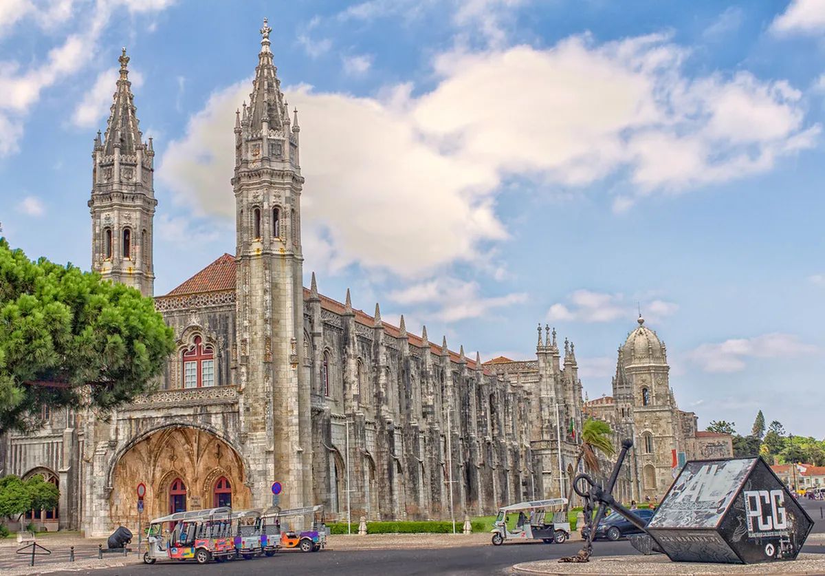 Ornate Manueline stonework on the Jerónimos Monastery facade in Lisbon, Portugal