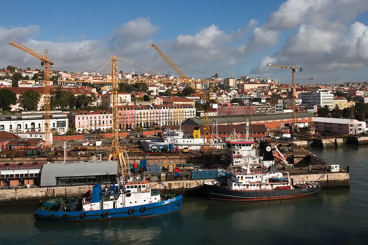 Lisbon cruise terminal quayside with the Tagus River and city skyline in the background