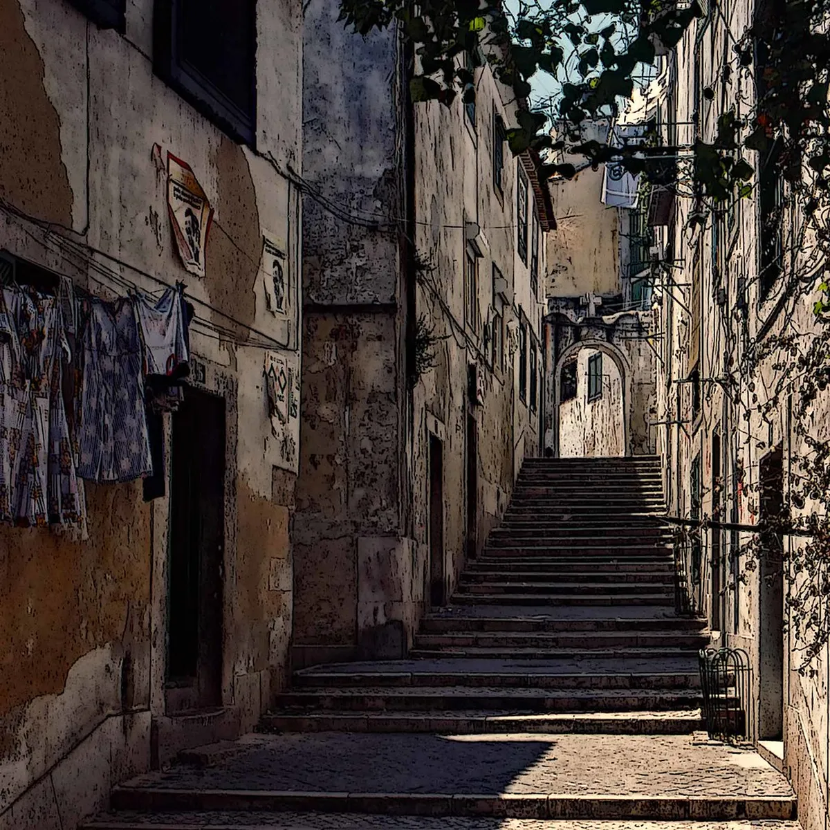Narrow cobblestone street in Alfama, Lisbon, with traditional tiled buildings lining the hillside