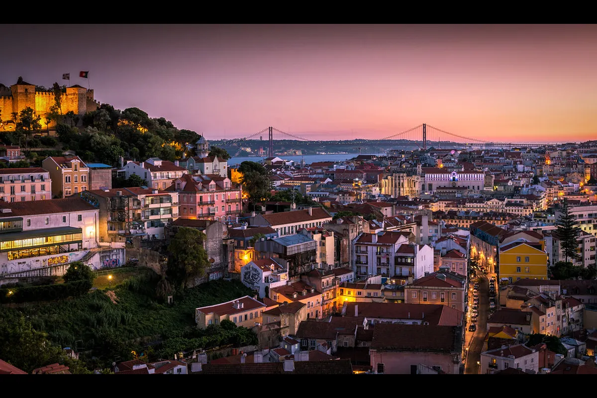 Panoramic view of Lisbon from Graça hill showing whitewashed buildings and the Tagus River