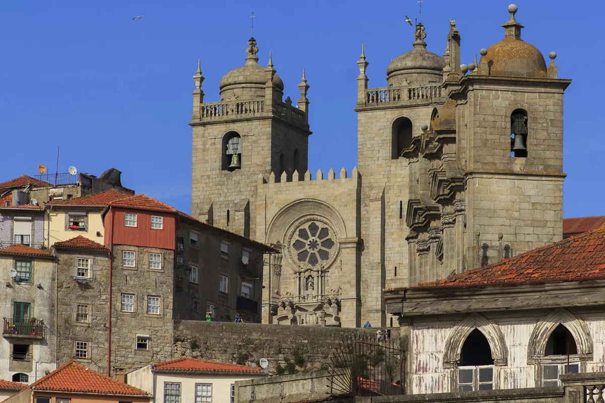 Porto Cathedral Sé do Porto with its Romanesque towers rising above the city's historic rooftops