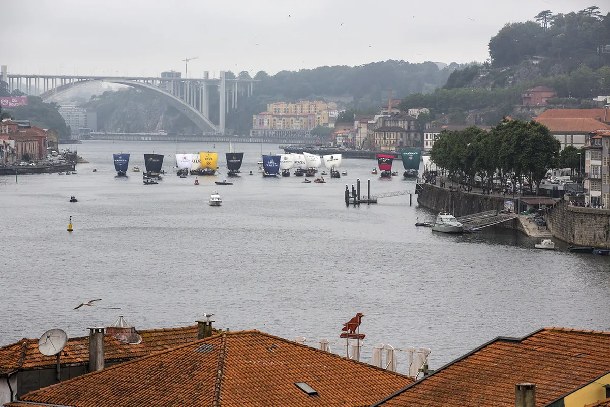 Panoramic view of Porto's Douro riverfront from Miragaia with historic buildings and the iconic Dom Luís bridge