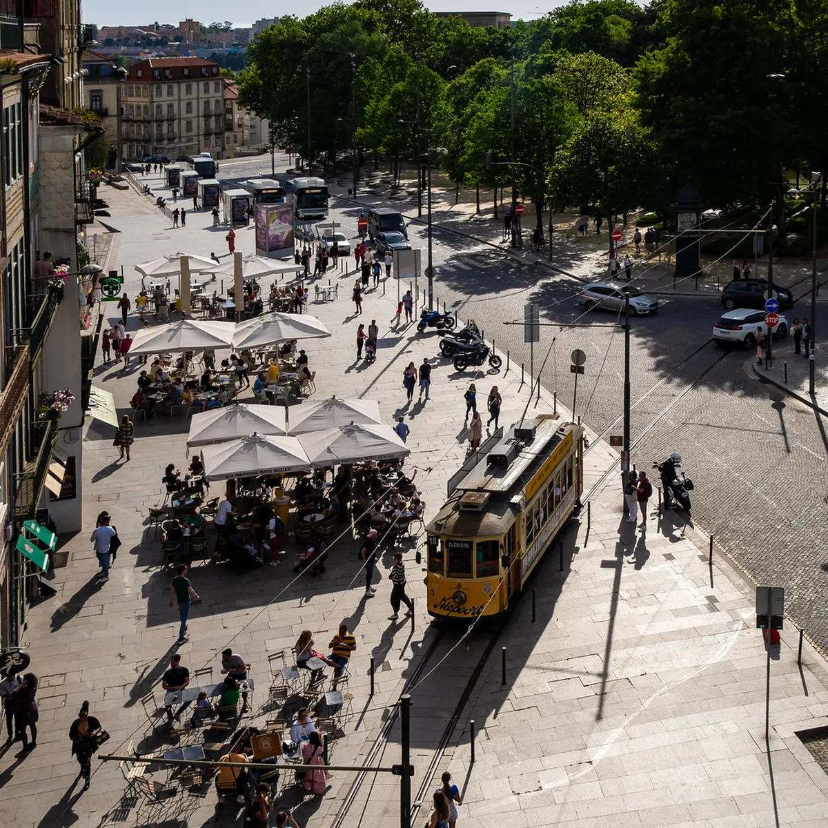 Porto Clérigos Tower rising above the Baixa district streets where tram Line 22 loops through the city center