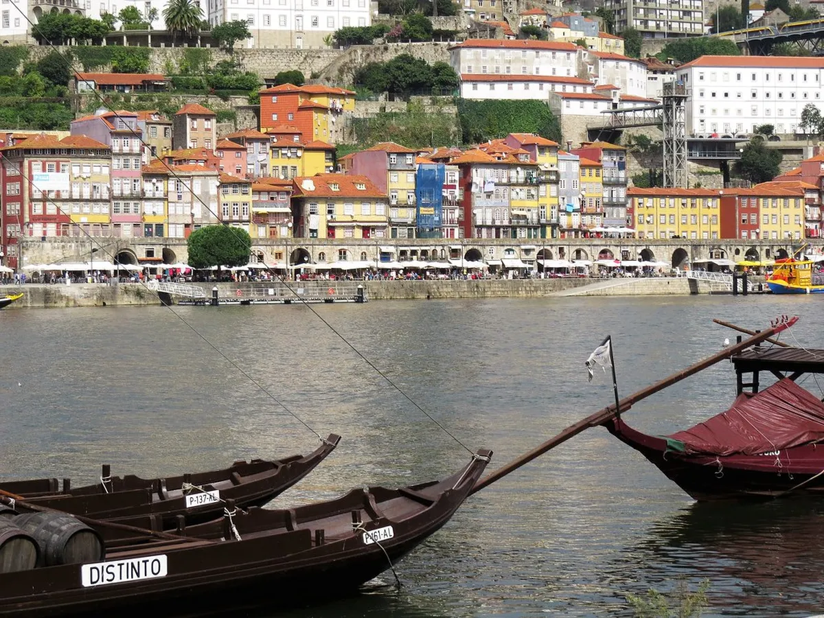 Traditional Portuguese cuisine plated elegantly in a cozy Porto Ribeira district restaurant with warm lighting