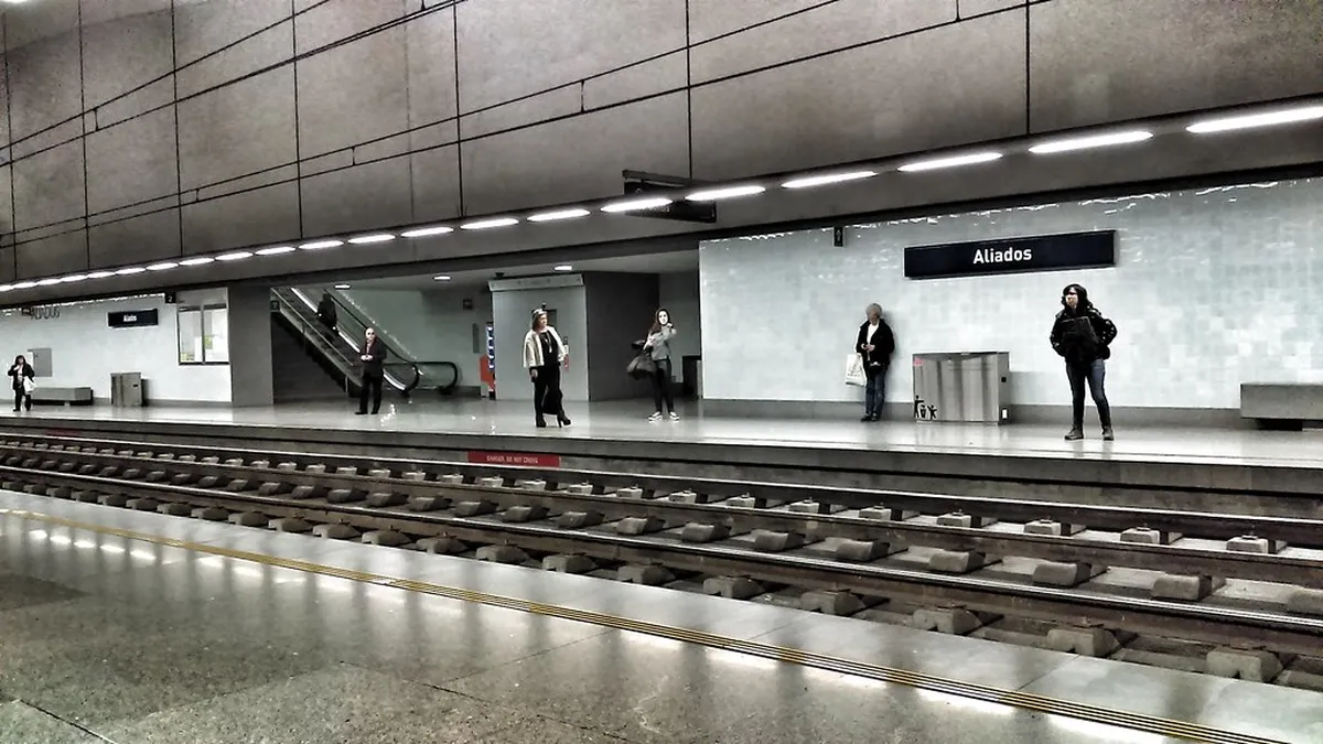 Porto Aliados metro station entrance in the historic center, a key transport hub for visitors in Porto