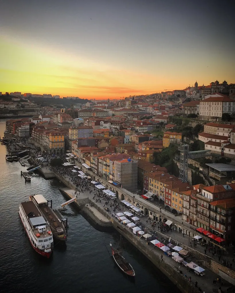 Colorful historic buildings lining the Porto Ribeira waterfront along the Douro River