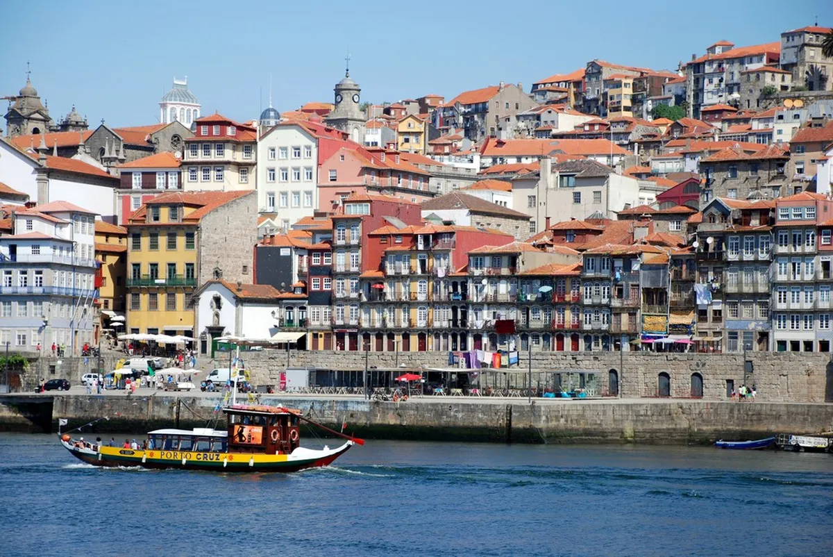 Porto Ribeira riverside promenade with colourful historic buildings lining the Douro River